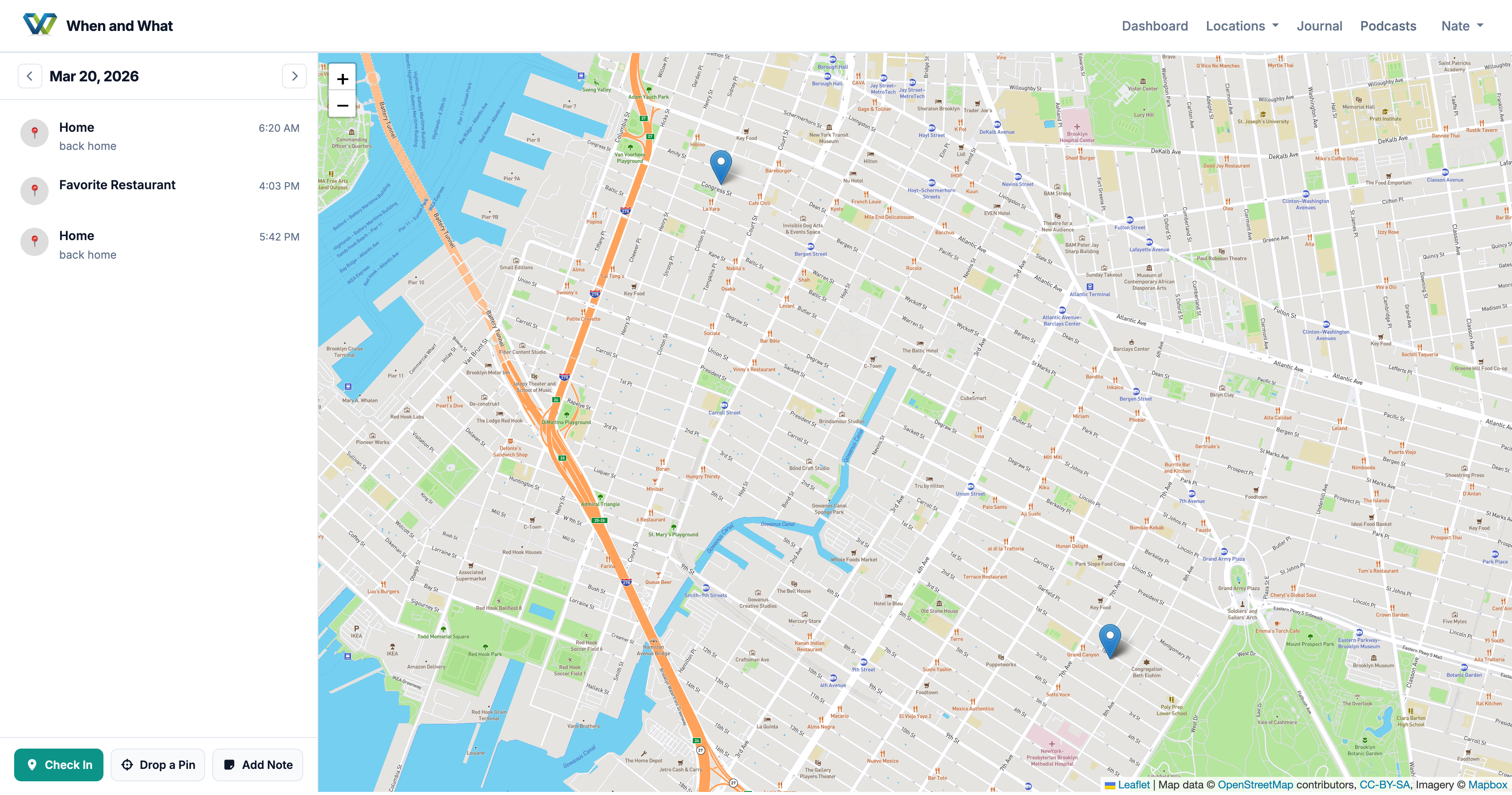 Screenshot of whenandwhat.app dashboard location checkins