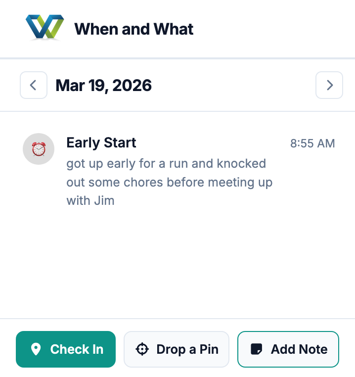 Screenshot of whenandwhat.app dashboard notes