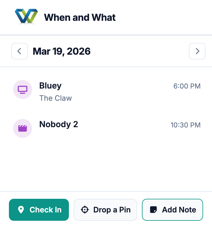 Screenshot of whenandwhat.app dashboard trakt activities